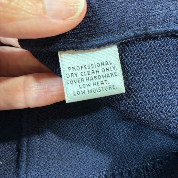 St John Collection Navy Blue Zip Jacket Knit Sz 12 White Ribbon Trim Gold Buckle - Picture 8 of 9